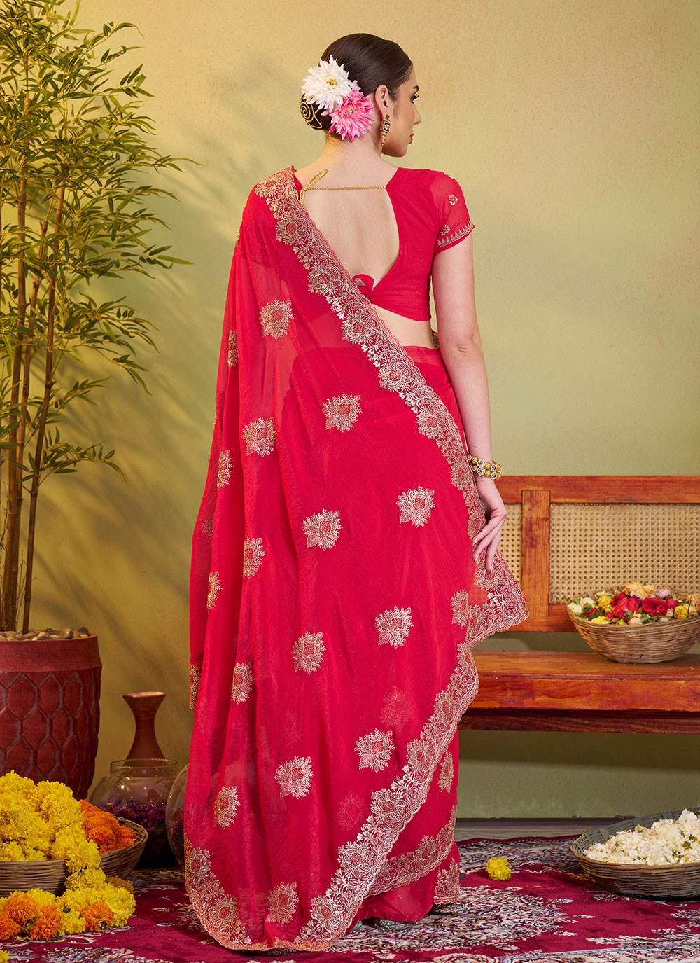 Embroidered Chiffon Pink Saree S14412