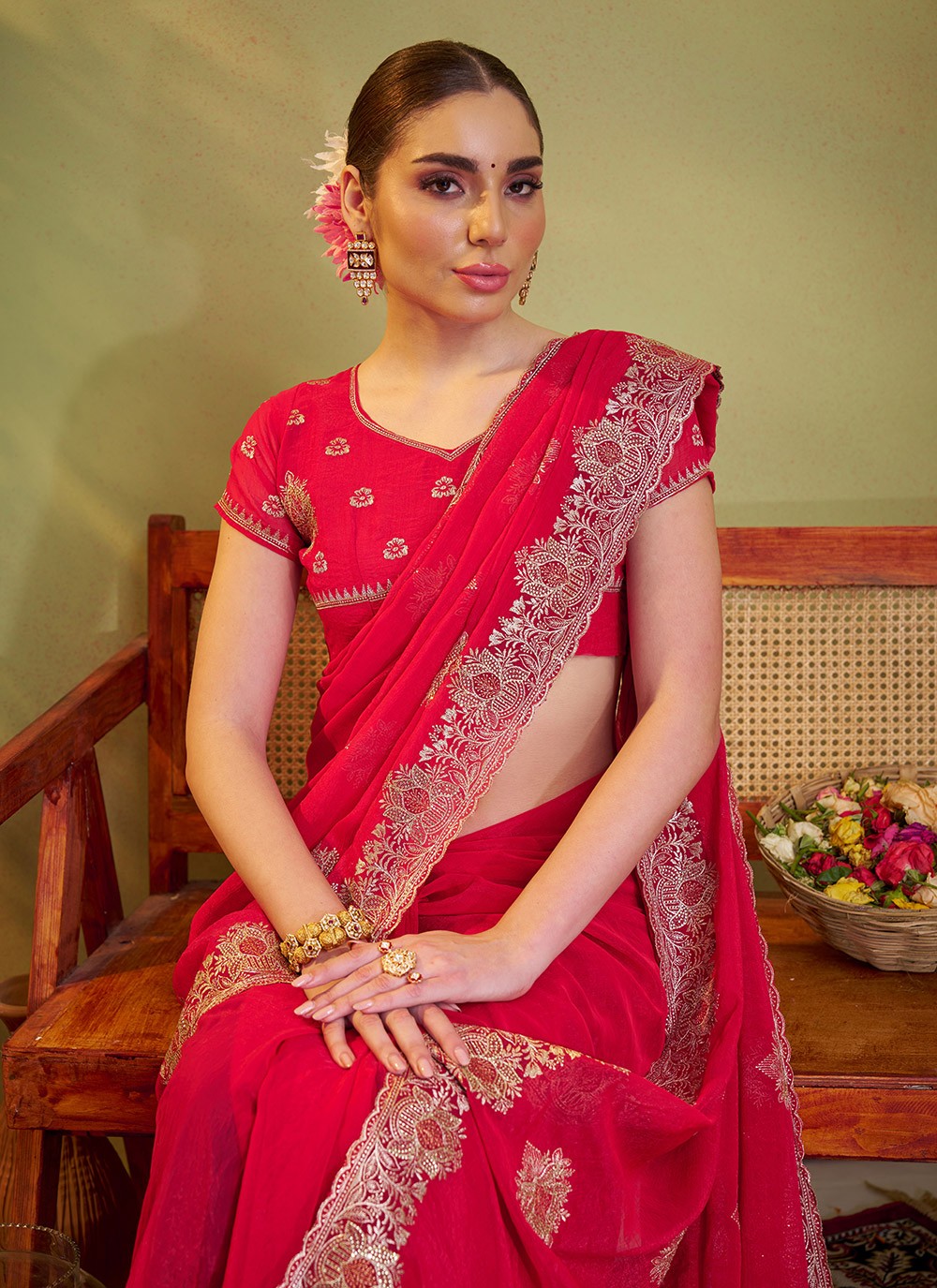 Embroidered Chiffon Pink Saree S14412