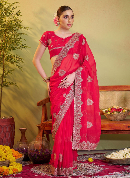 Embroidered Chiffon Pink Saree S14412