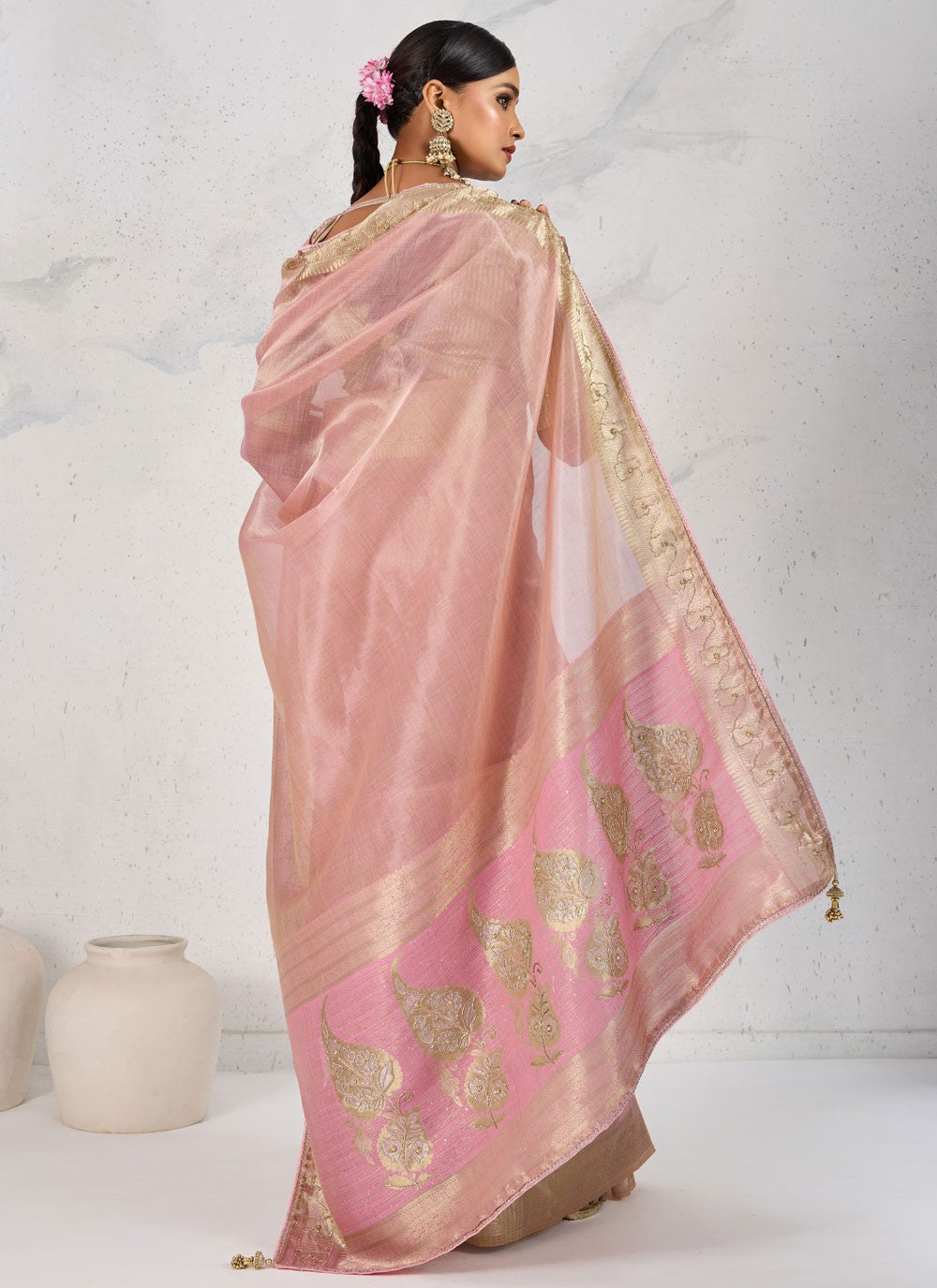 Pink Linen Classic Saree Pearls, Thread, Woven, Zardosi S18171