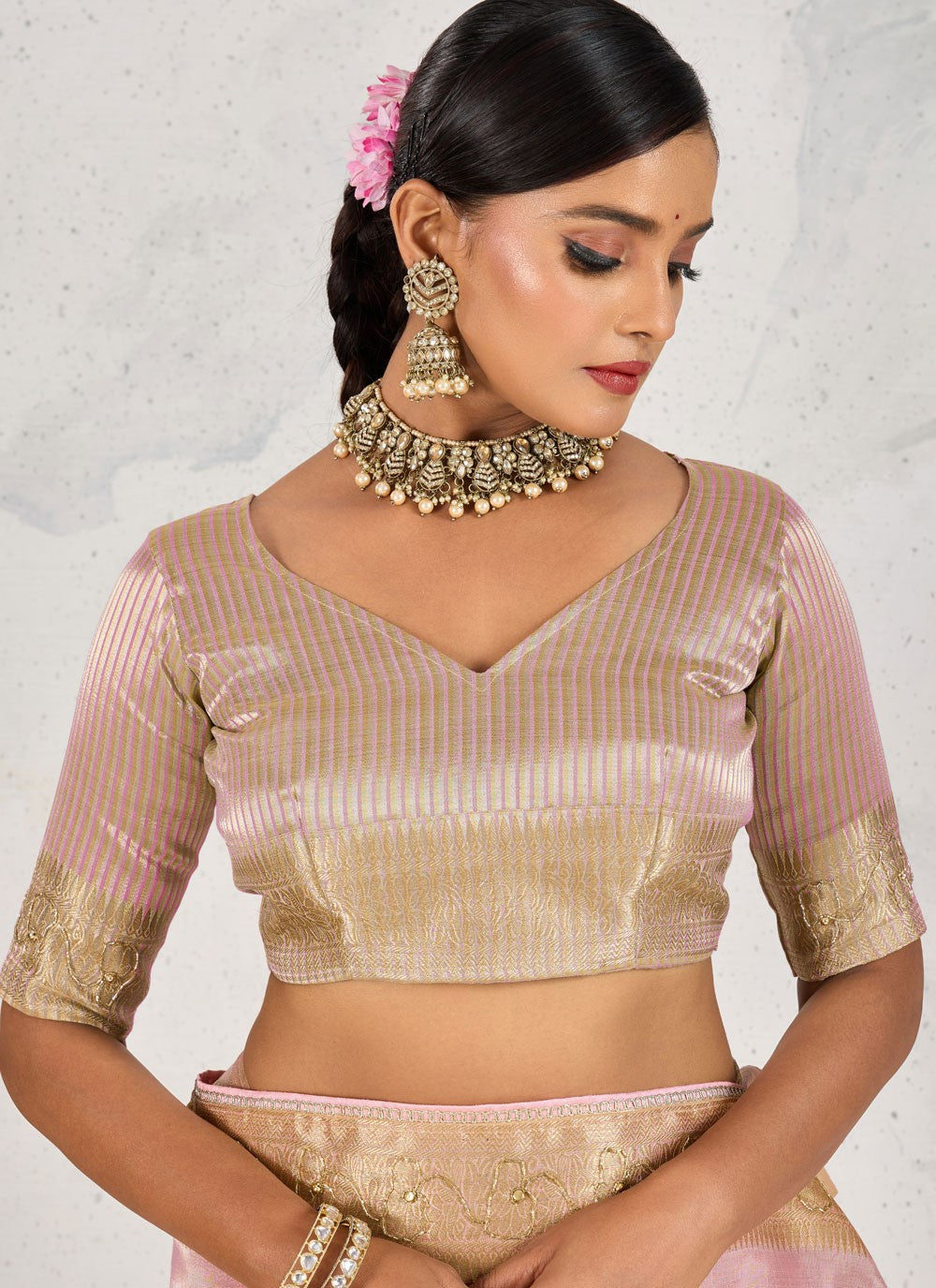 Pink Linen Classic Saree Pearls, Thread, Woven, Zardosi S18171