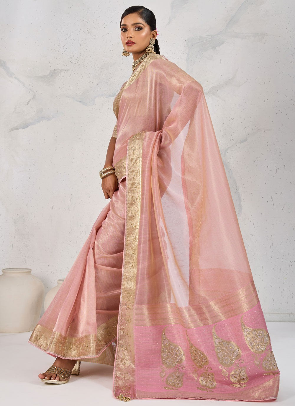 Pink Linen Classic Saree Pearls, Thread, Woven, Zardosi S18171