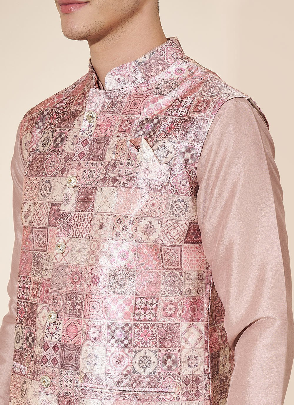 Jacquard Work Pure Silk Pink Kurta Payjama With Jacket - M8030