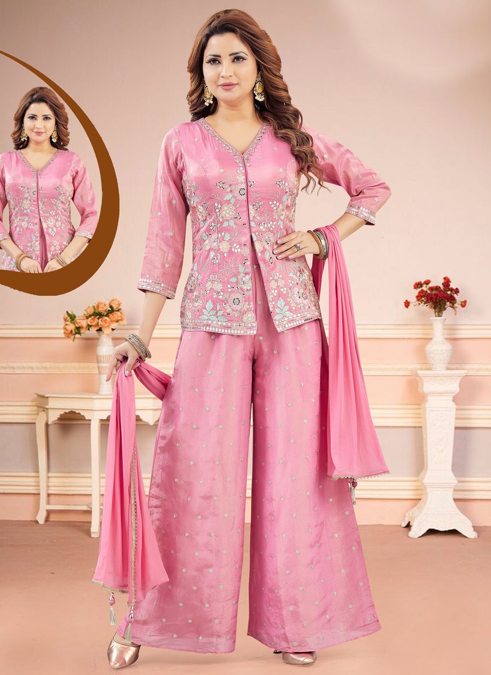 Salwar Suit Embroidered Pink Silk T5841