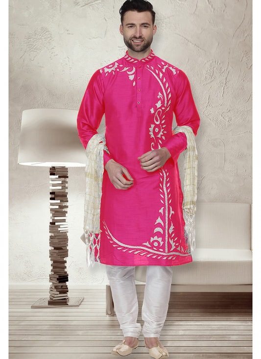 Embroidered Art Dupion Silk Pink Kurta Pyjama - M1512