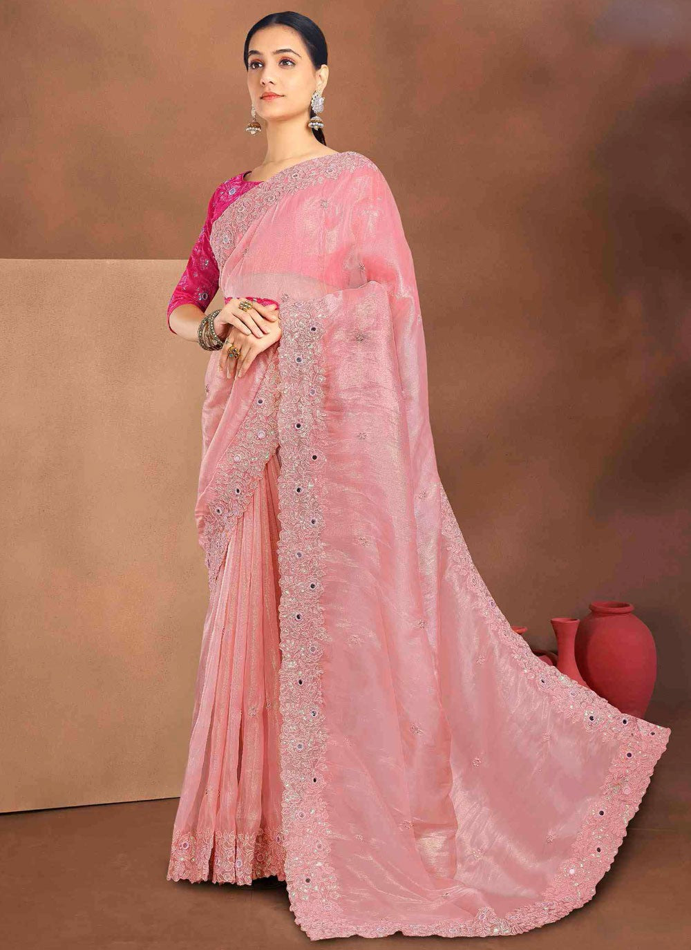 Contemporary Embroidered Pink Silk Saree S13394