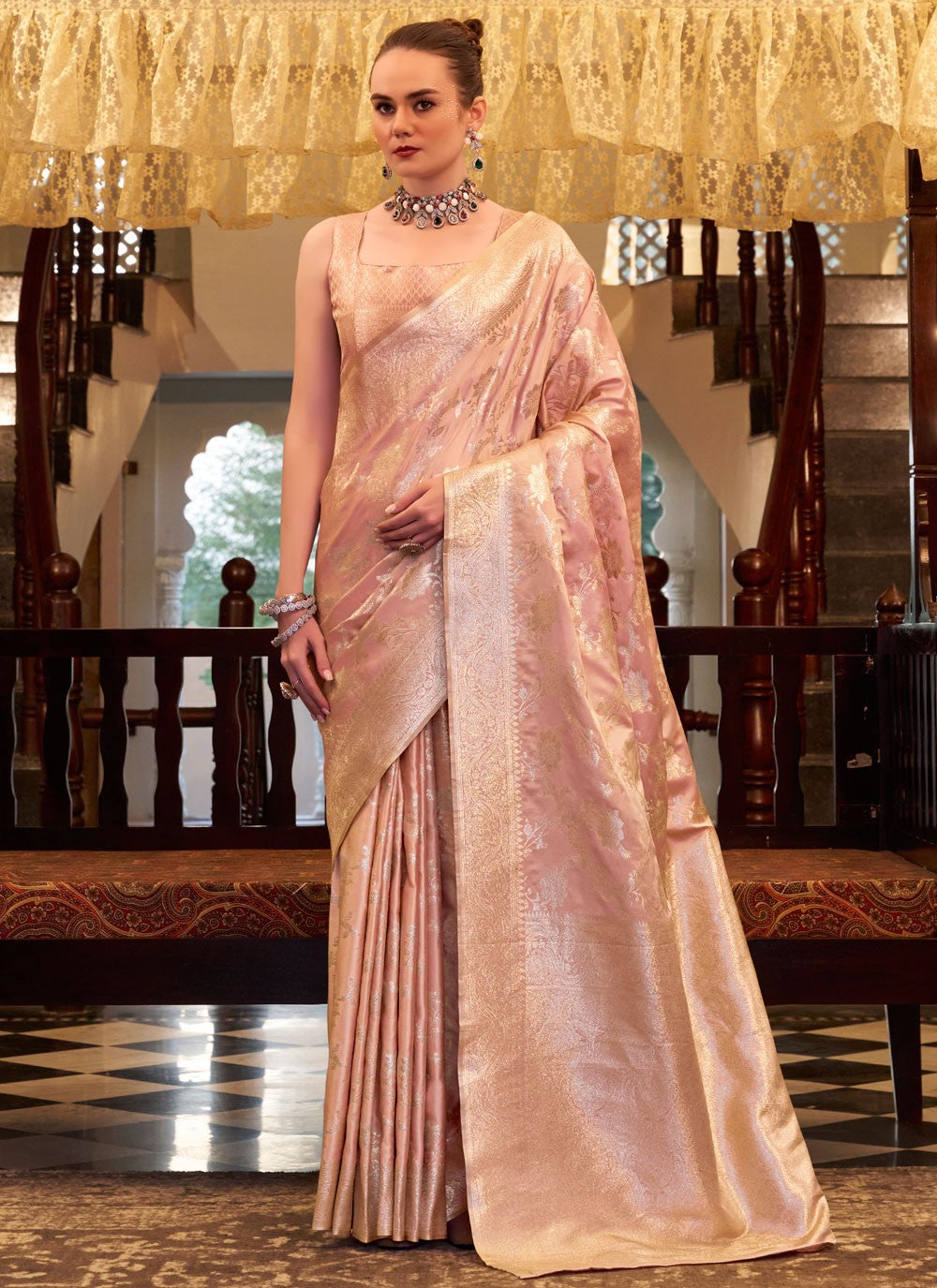 Weaving Zari Satin Silk Pink Classic Saree S15406