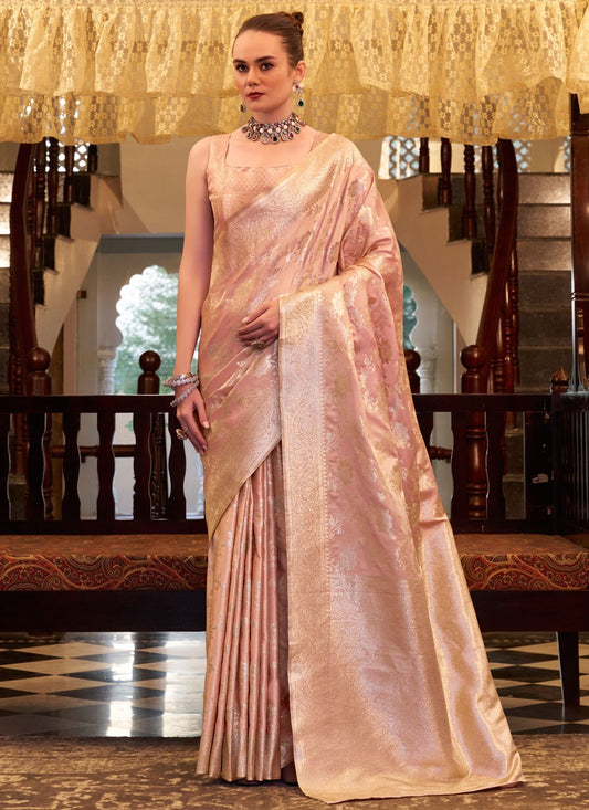 Weaving Zari Satin Silk Pink Classic Saree S15406