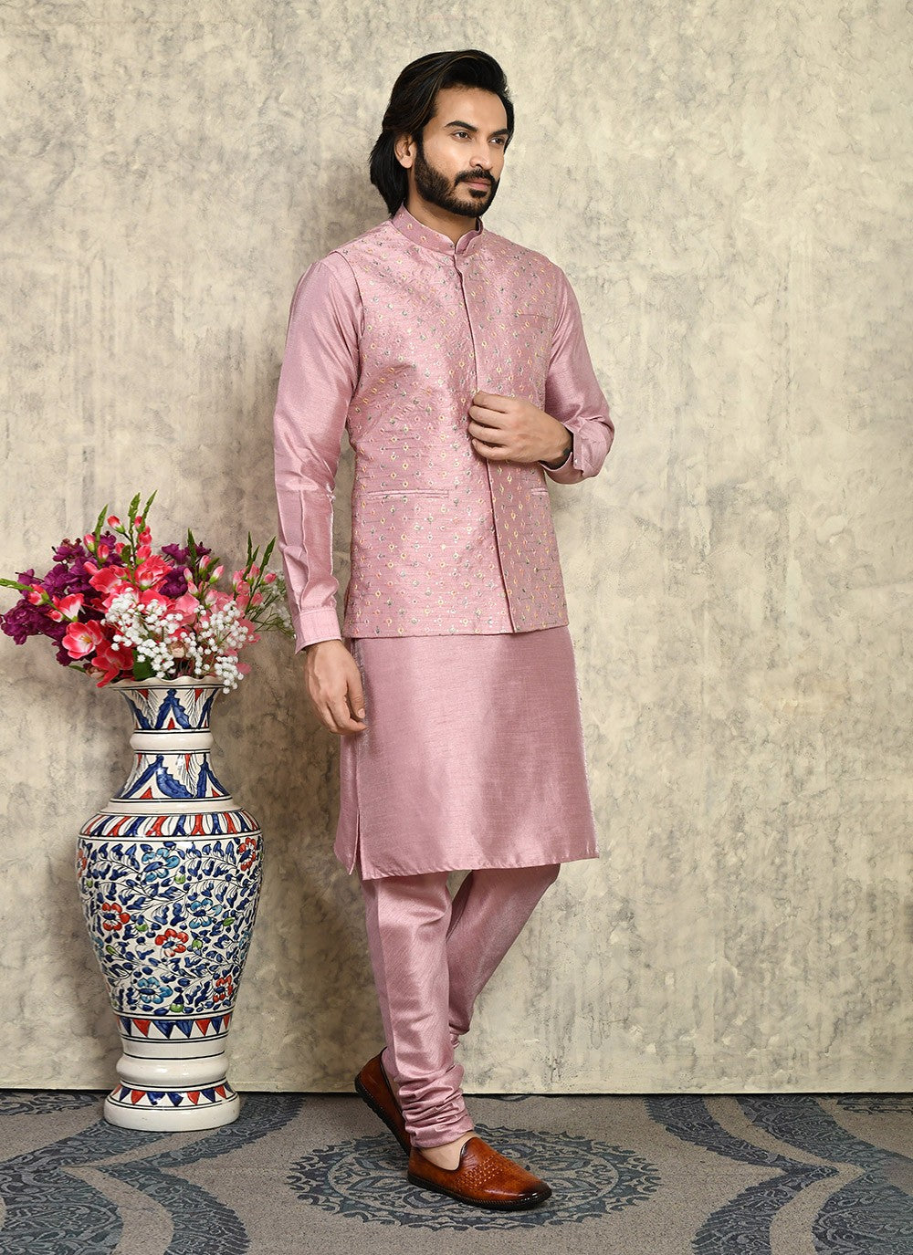 Embroidered Art Silk Pink Kurta Payjama With Jacket - M8004