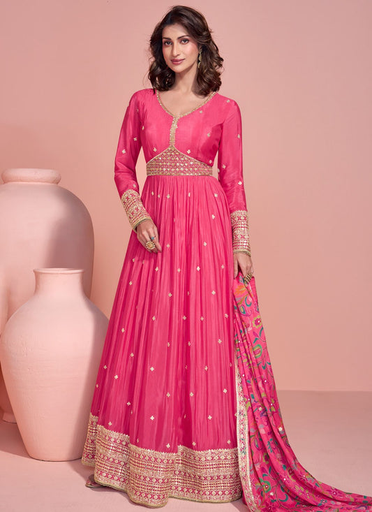 Embroidered Chinon Pink Gown G19780