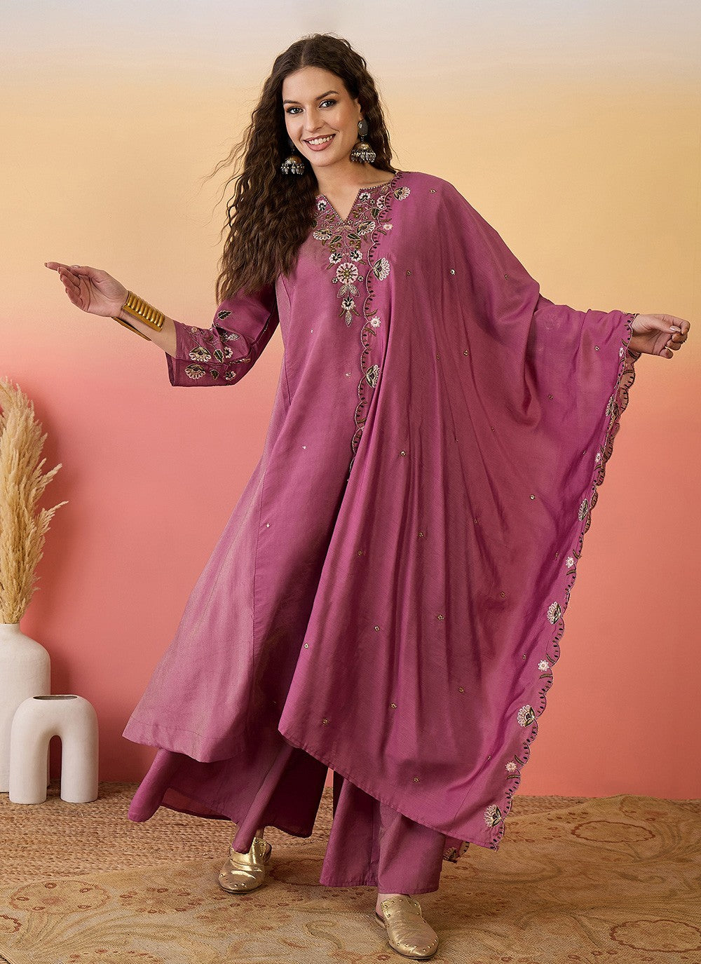 Palazzo Suit Embroidered Pink T6979