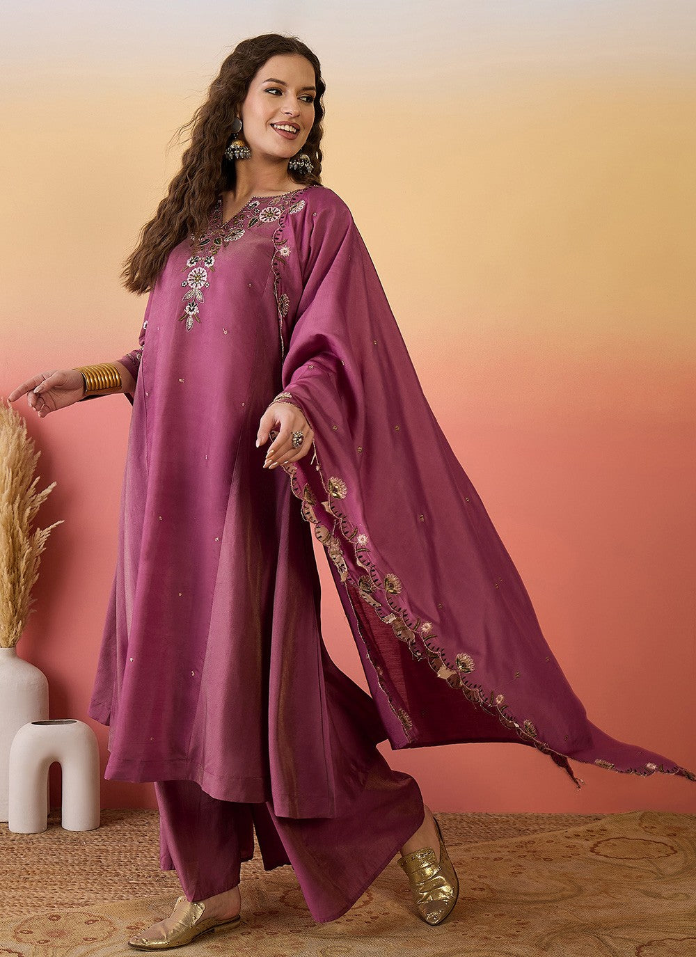 Palazzo Suit Embroidered Pink T6979