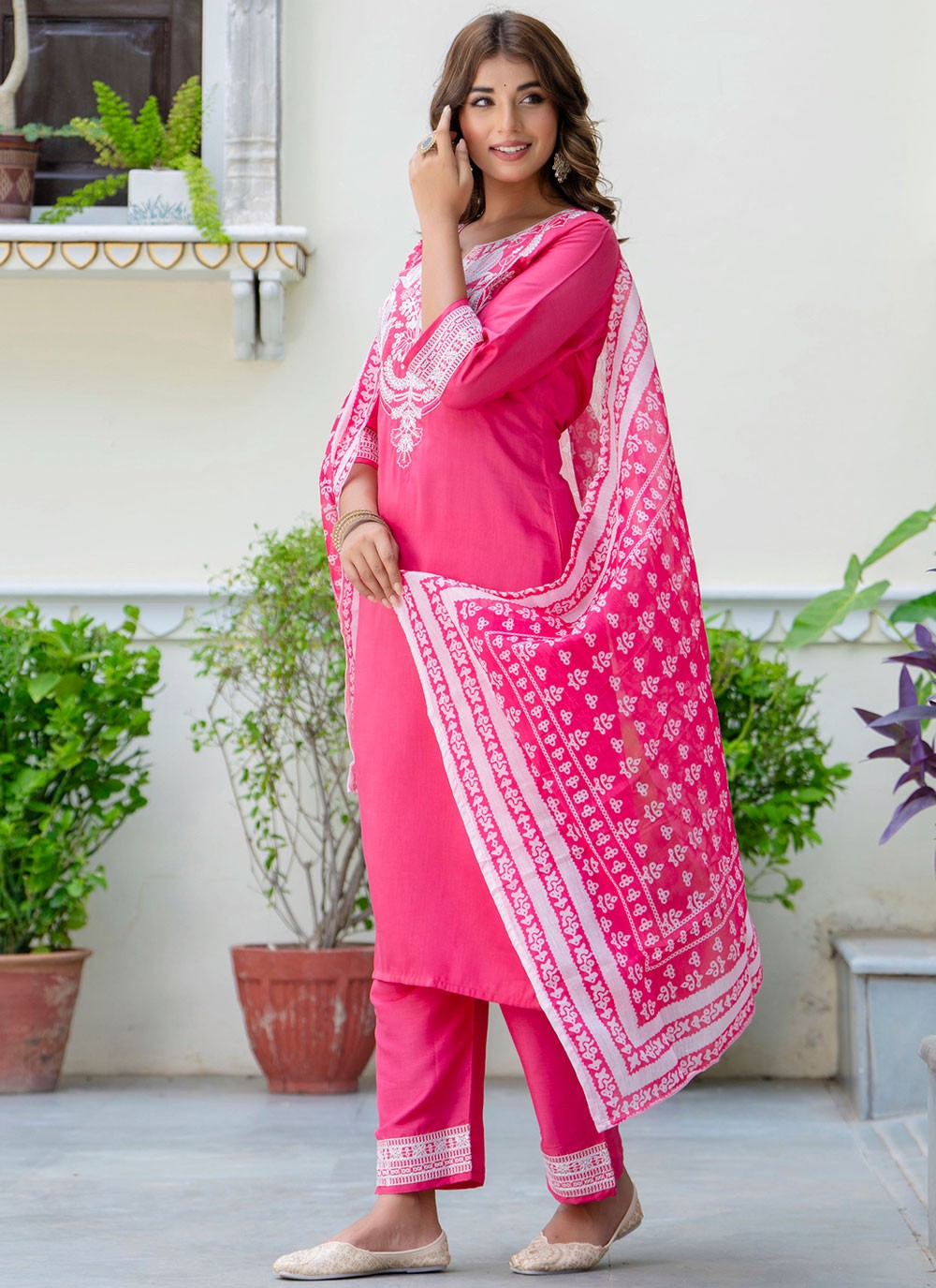 Pant Style Suit Embroidered Pink T7572