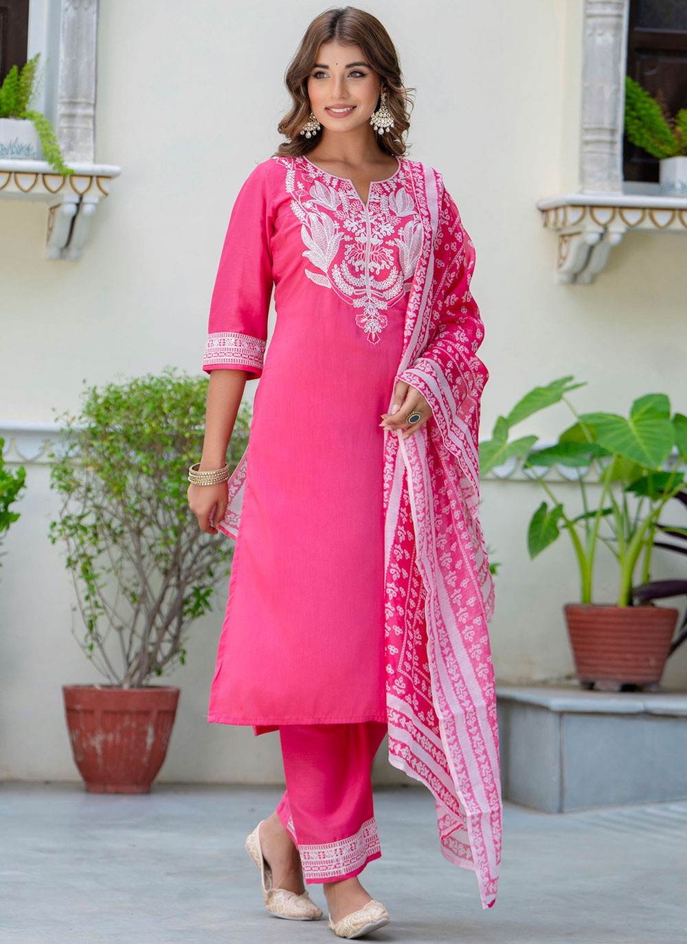 Pant Style Suit Embroidered Pink T7572