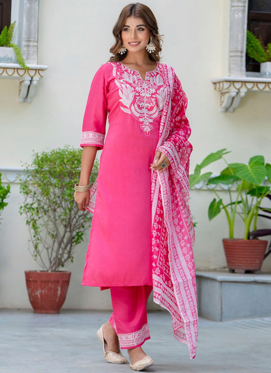 Pant Style Suit Embroidered Pink T7572