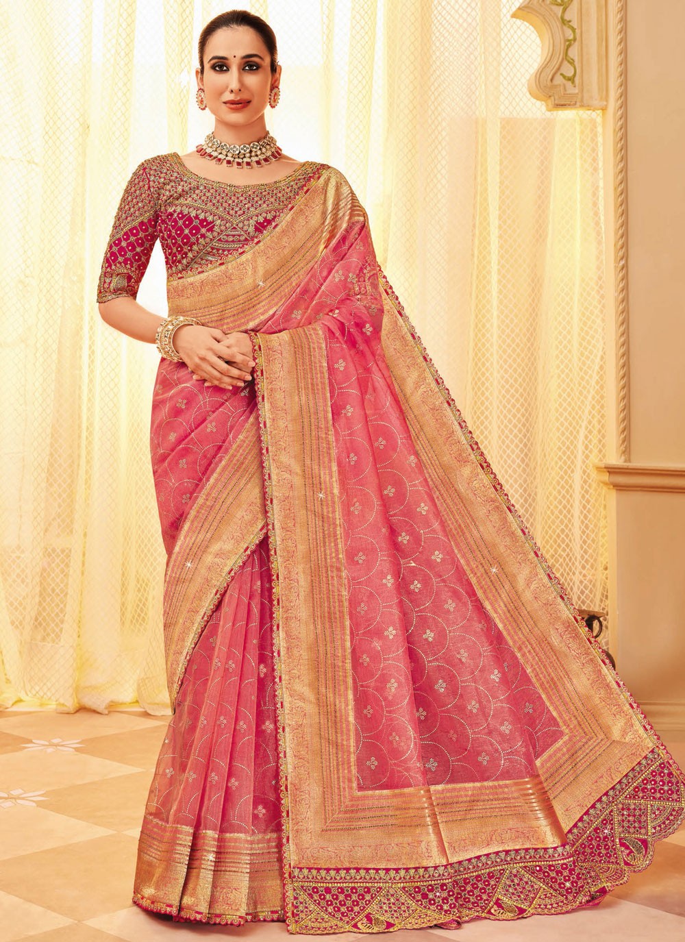 Contemporary Embroidered Pink Silk Saree S13495