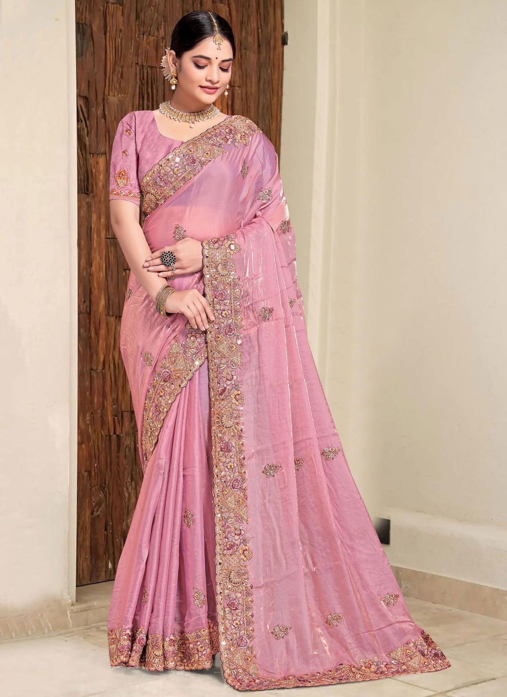 Contemporary Beads Pink Silk Saree S13090