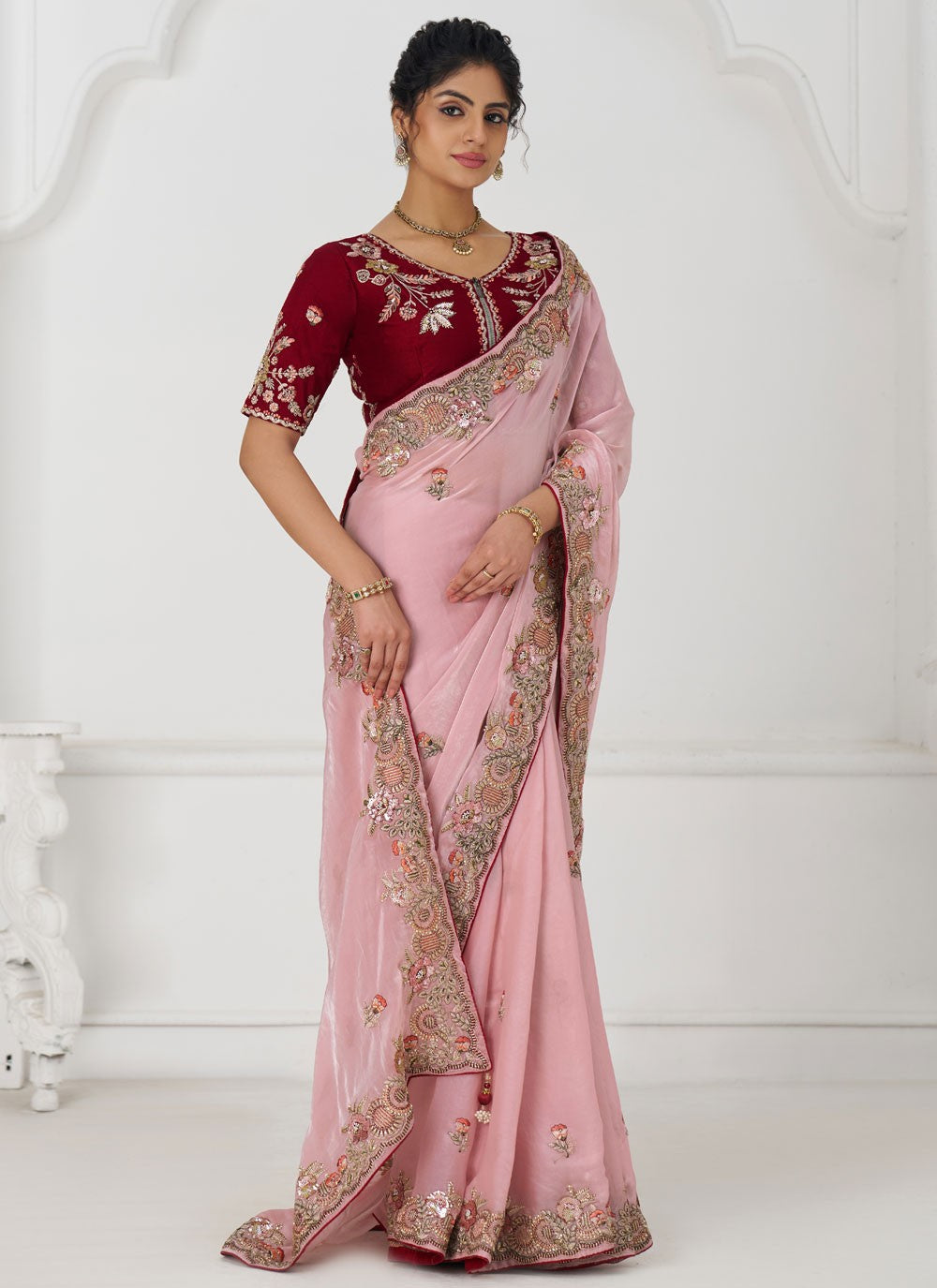 Embroidered Silk Pink Designer Saree S15648