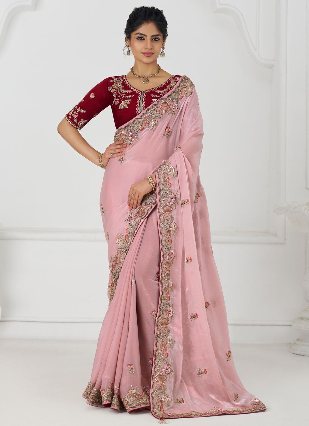 Embroidered Silk Pink Designer Saree S15648