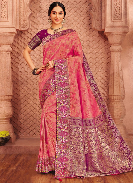 Pink Silk Contemporary Saree Embroidered, Patch Border S20178