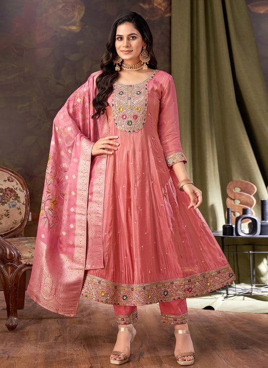 Anarkali Embroidered Pink Silk T5216