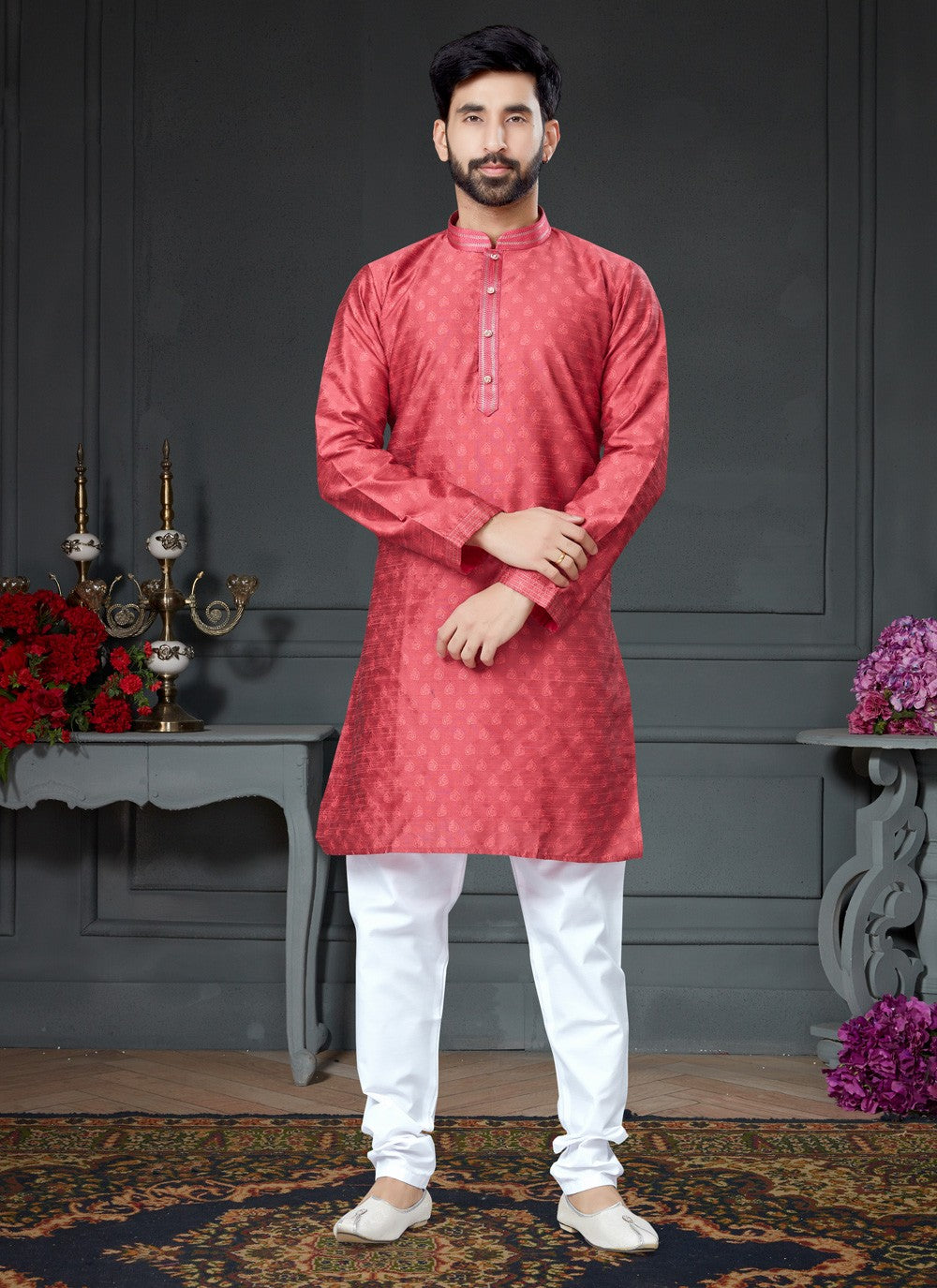 Embroidered Silk Pink Kurta Pyjama - M4149