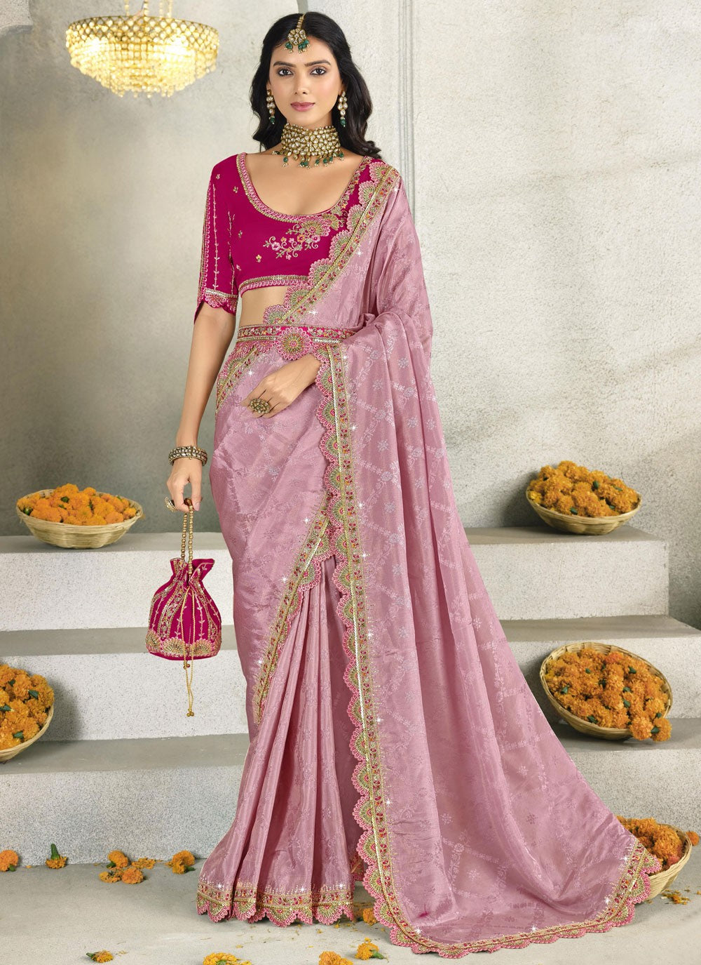 Border Work Silk Pink Classic Saree S15557
