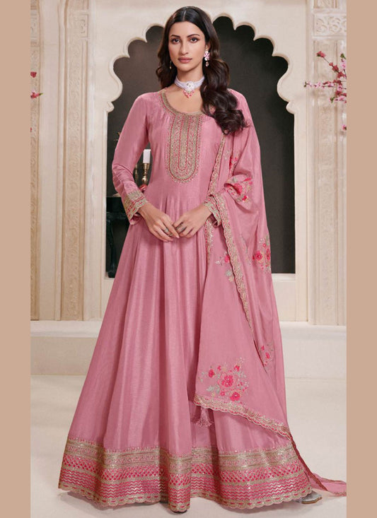 Salwar Suit Embroidered Pink Silk T5553