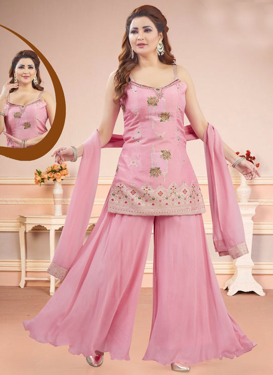 Salwar Suit Embroidered Pink Silk T5854