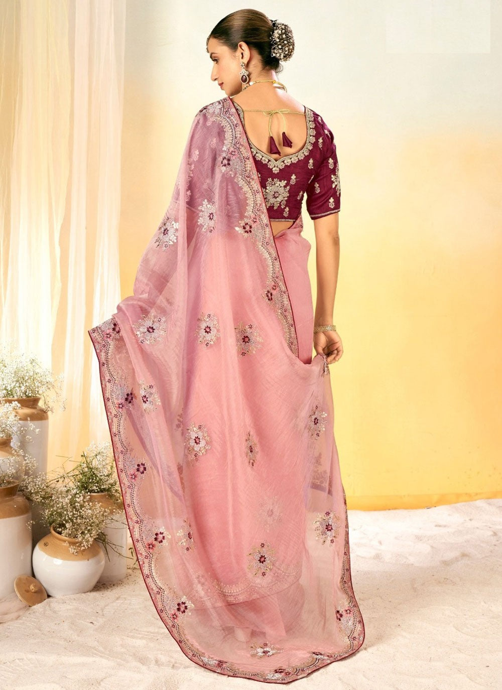 Border Work Organza Pink Designer Saree S14948