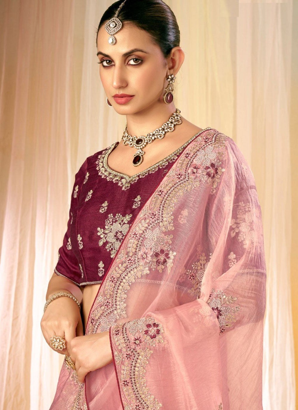 Border Work Organza Pink Designer Saree S14948