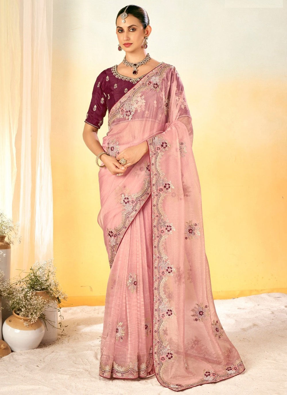 Border Work Organza Pink Designer Saree S14948