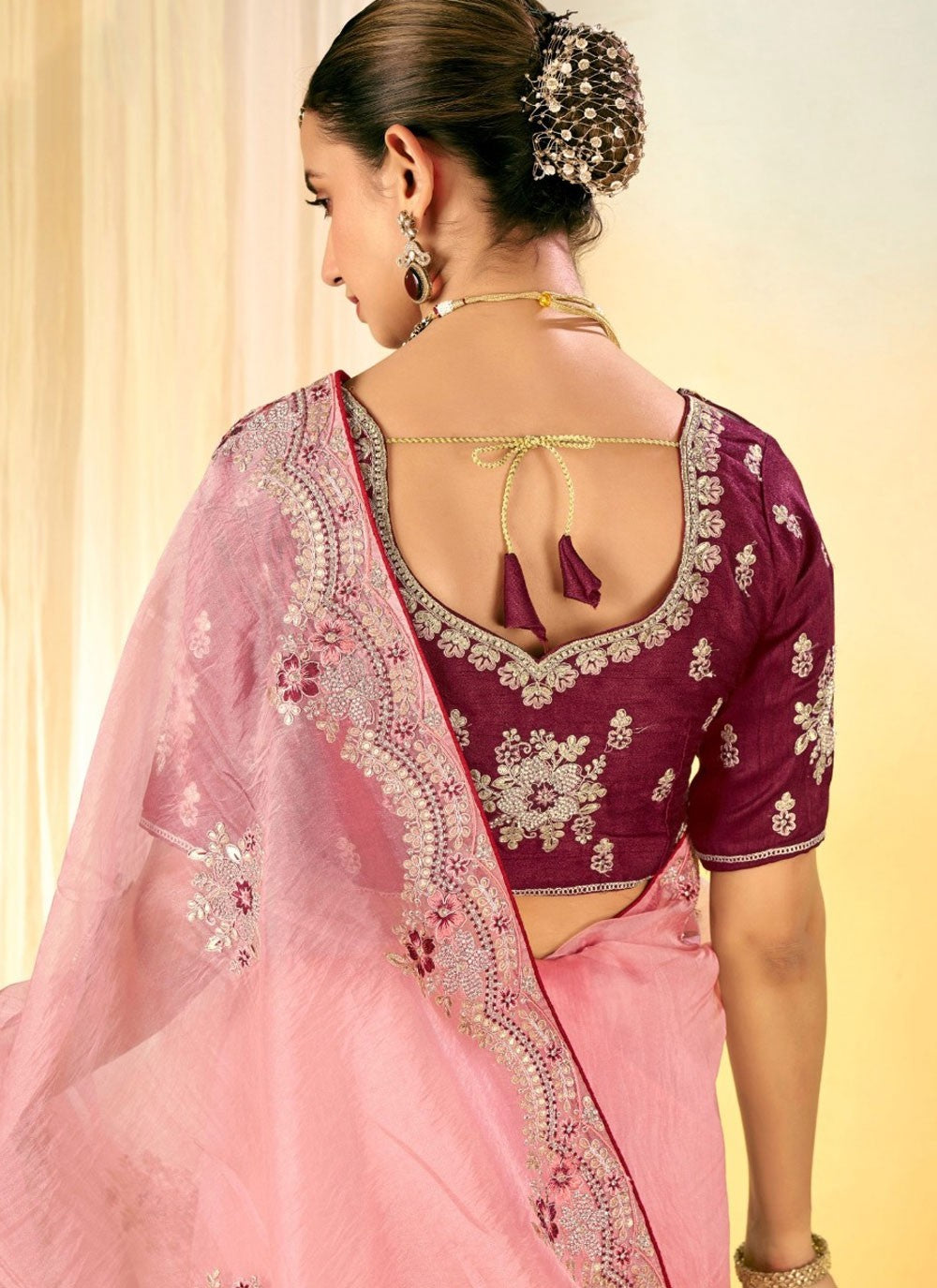 Border Work Organza Pink Designer Saree S14948