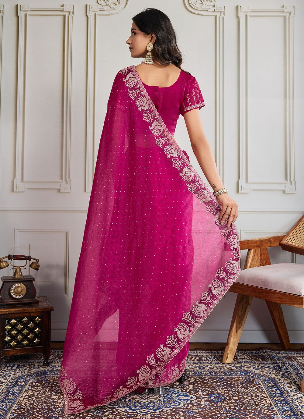 Pink Silk Classic Saree Embroidered, Swarovski S19438