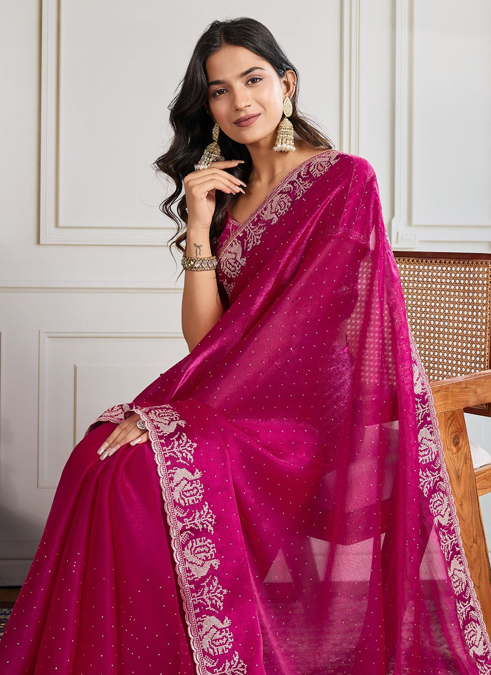 Pink Silk Classic Saree Embroidered, Swarovski S19438