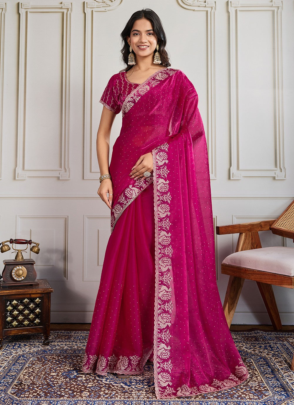 Pink Silk Classic Saree Embroidered, Swarovski S19438