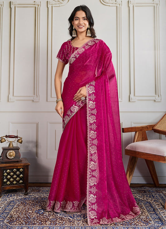 Pink Silk Classic Saree Embroidered, Swarovski S19438