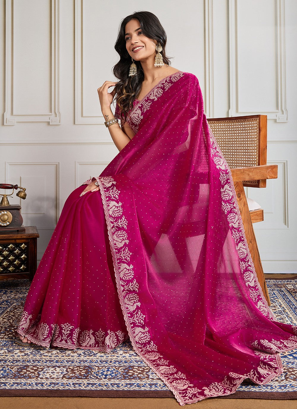 Pink Silk Classic Saree Embroidered, Swarovski S19438