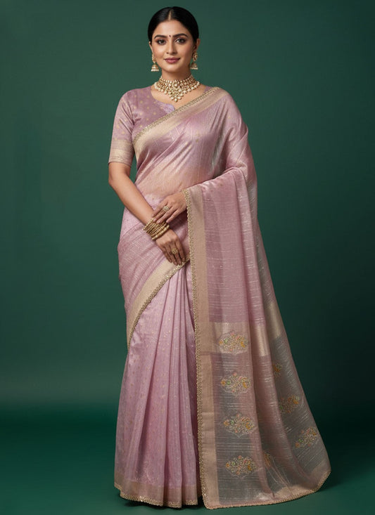 Pink Silk Contemporary Saree Swarovski S20260