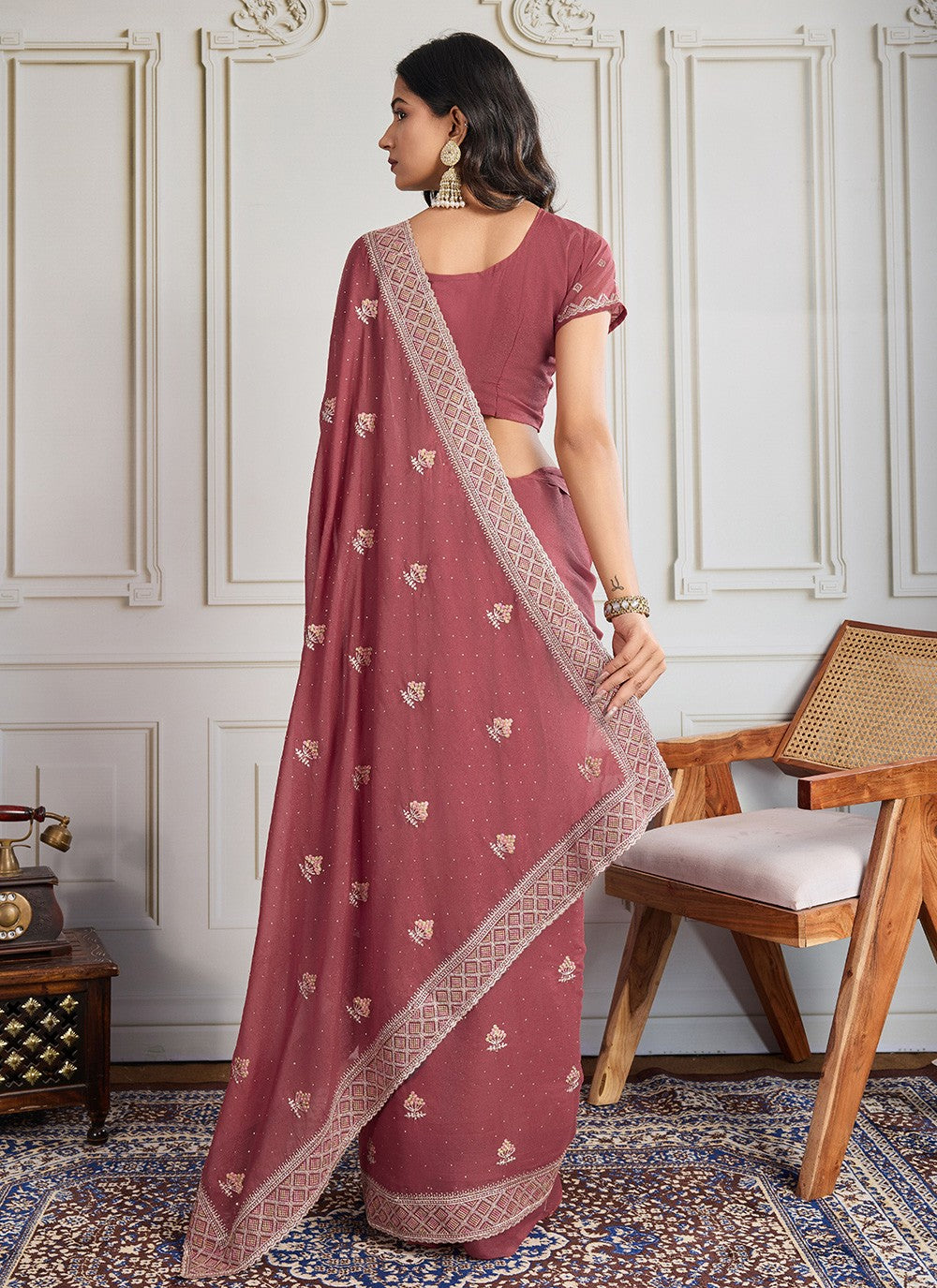 Pink Georgette Classic Saree Embroidered, Swarovski S19306