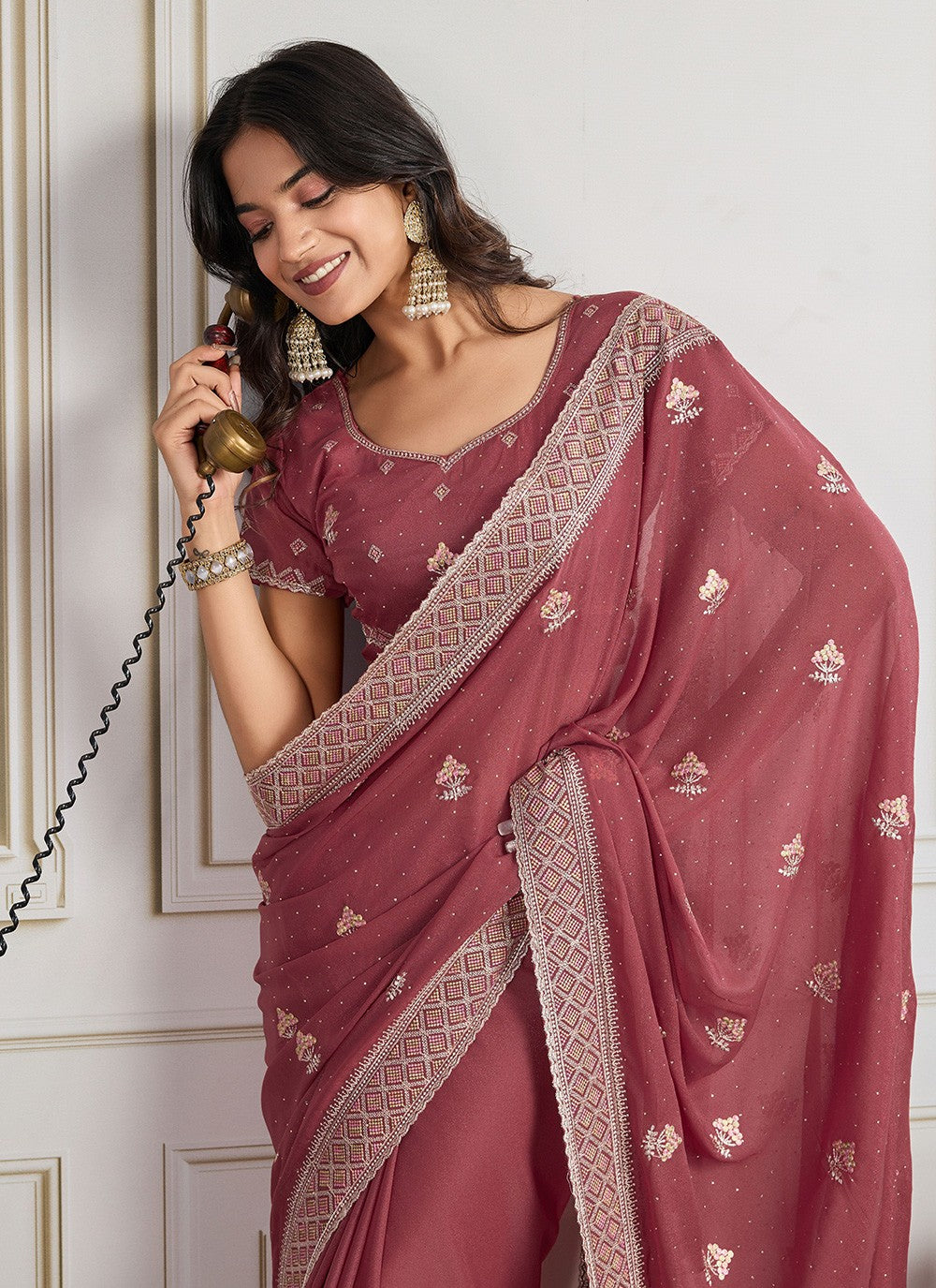Pink Georgette Classic Saree Embroidered, Swarovski S19306