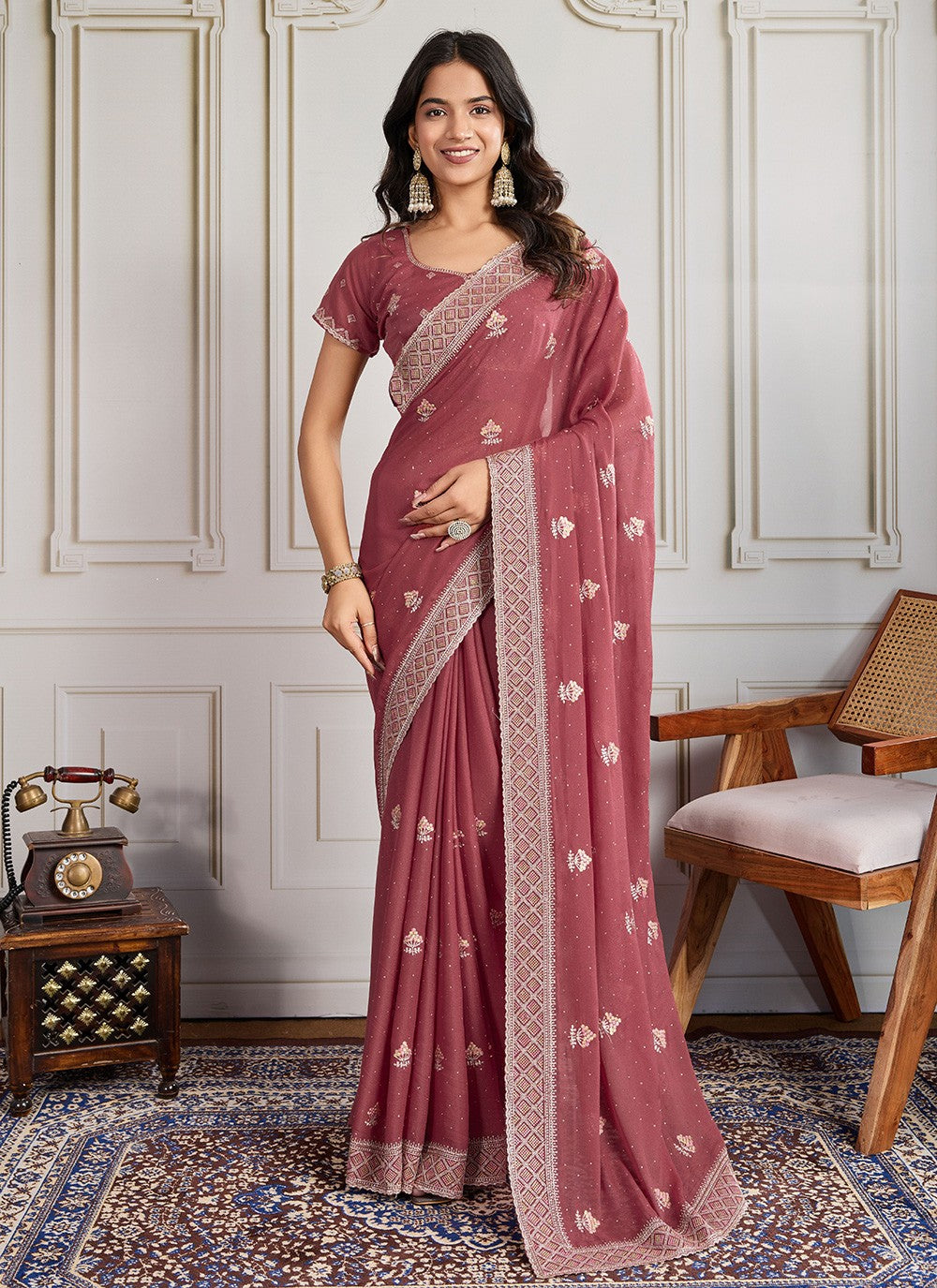 Pink Georgette Classic Saree Embroidered, Swarovski S19306