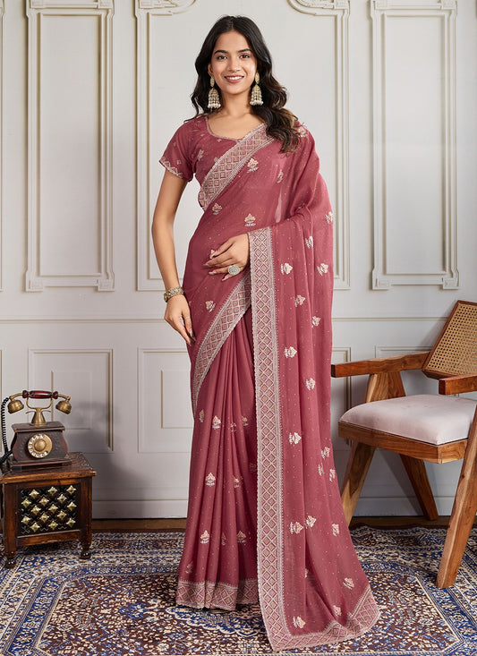 Pink Georgette Classic Saree Embroidered, Swarovski S19306