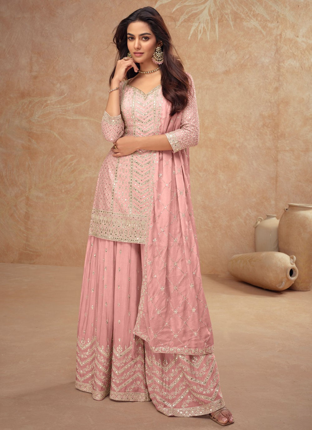 Embroidered Chinon Pink Sharara Suit T6278
