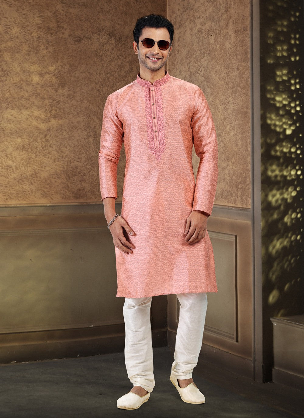 Fancy Work Banarasi Silk, Jacquard Pink Kurta Pyjama - M4863