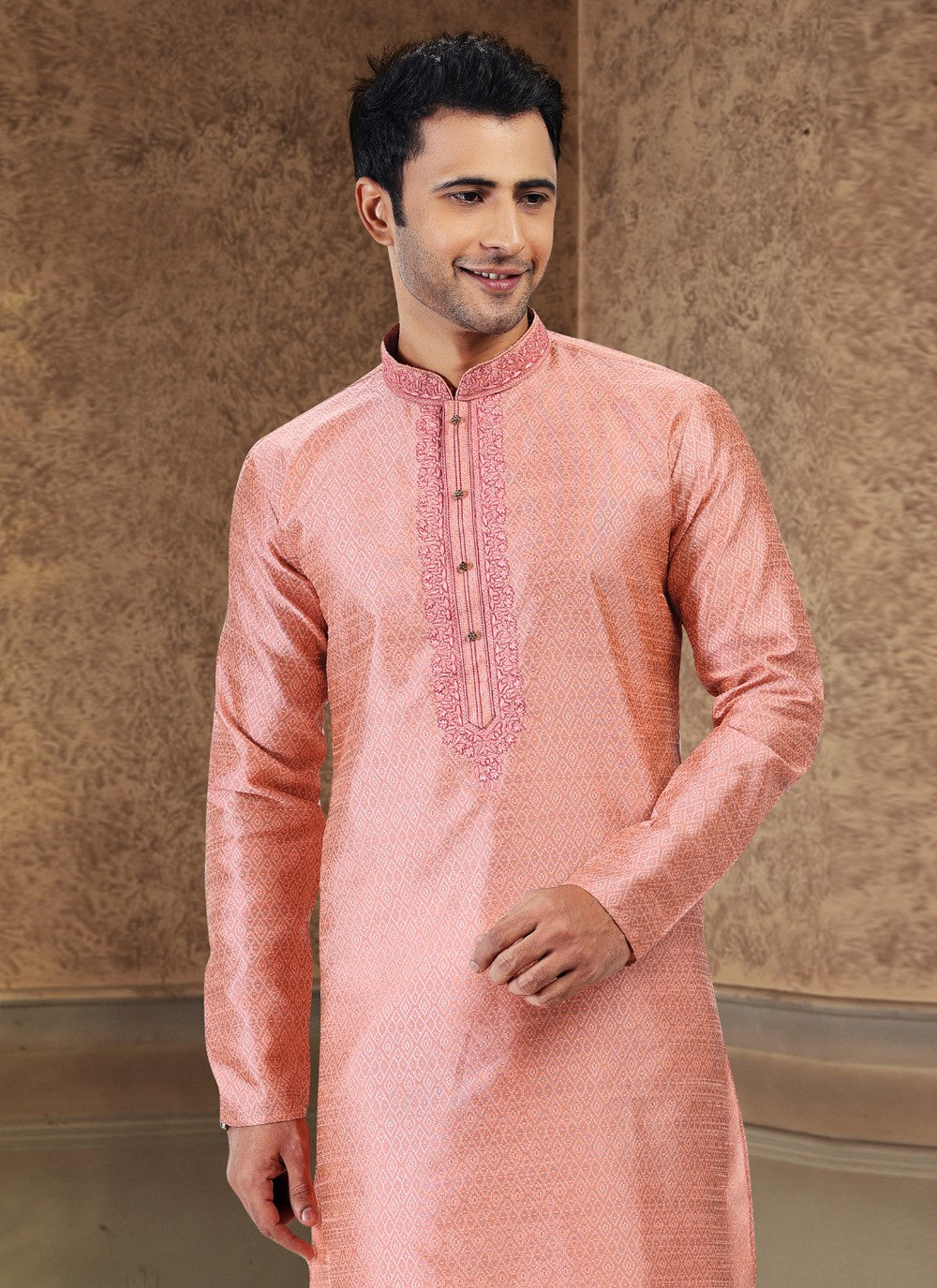 Fancy Work Banarasi Silk, Jacquard Pink Kurta Pyjama - M4863