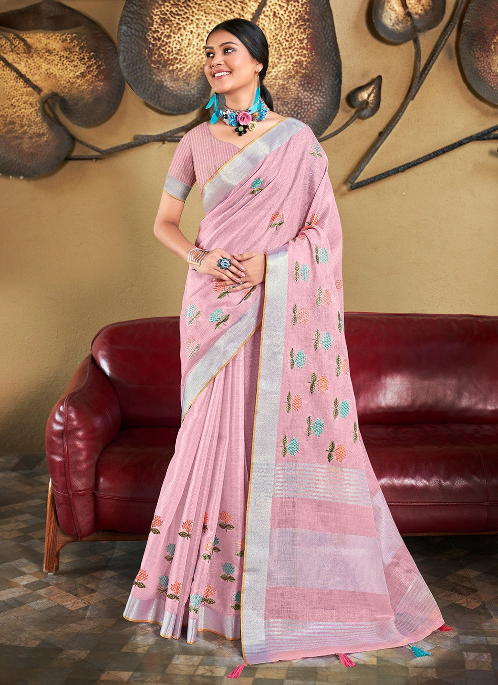 Classic Thread Linen Saree - S4180