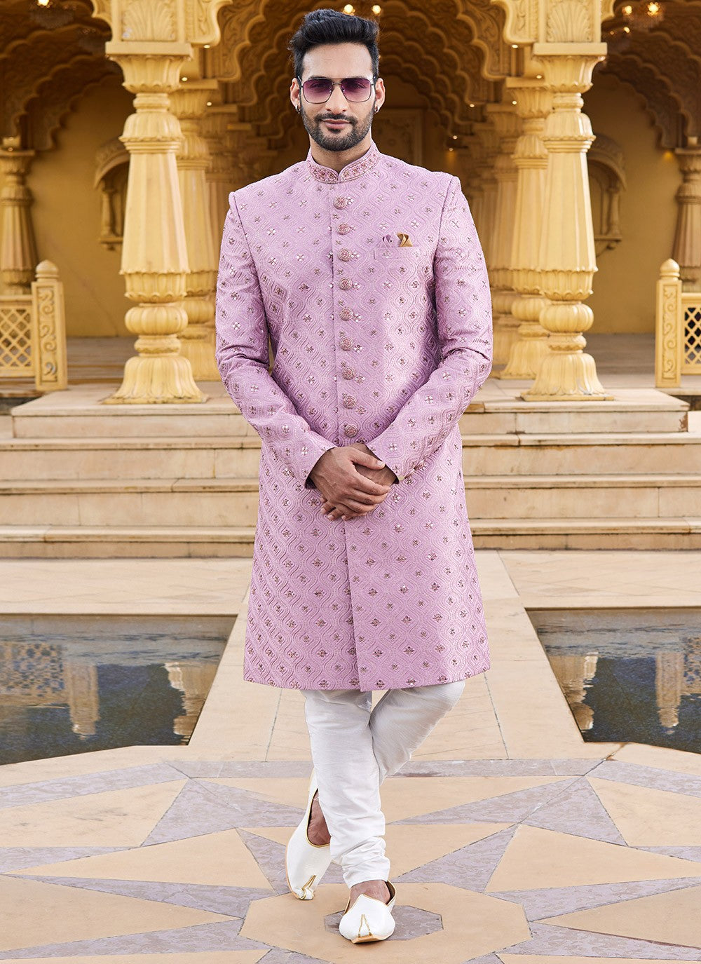 Machine Embroidery Art Silk Pink Sherwani - M6106