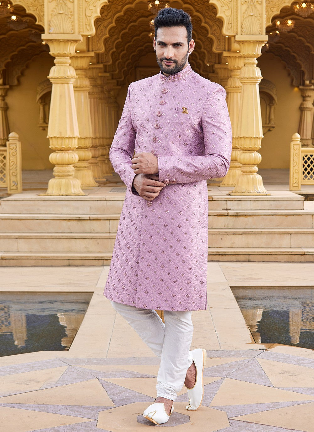 Machine Embroidery Art Silk Pink Sherwani - M6106