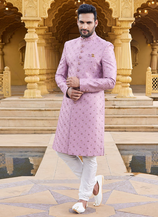 Machine Embroidery Art Silk Pink Sherwani - M6106